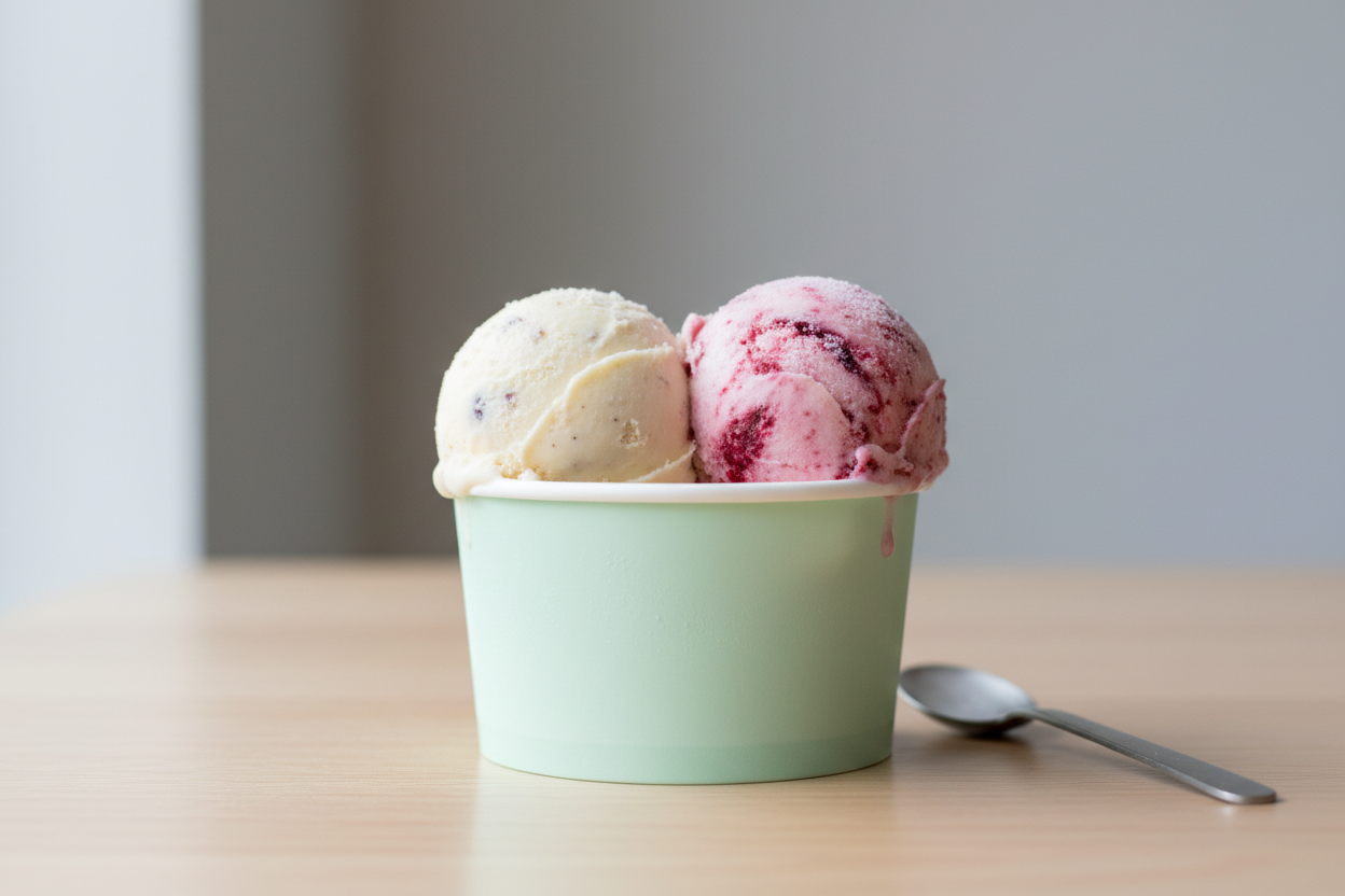 2 scoops of ice cream in a paper cup