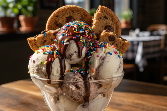 ice cream in a cup with cookies, hot fudge, sprinkles